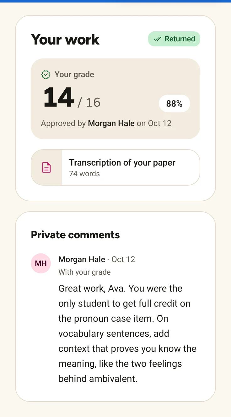 A student's view of a returned quiz: the grade 14 out of 16, who approved it and when, and the teacher's private comment.