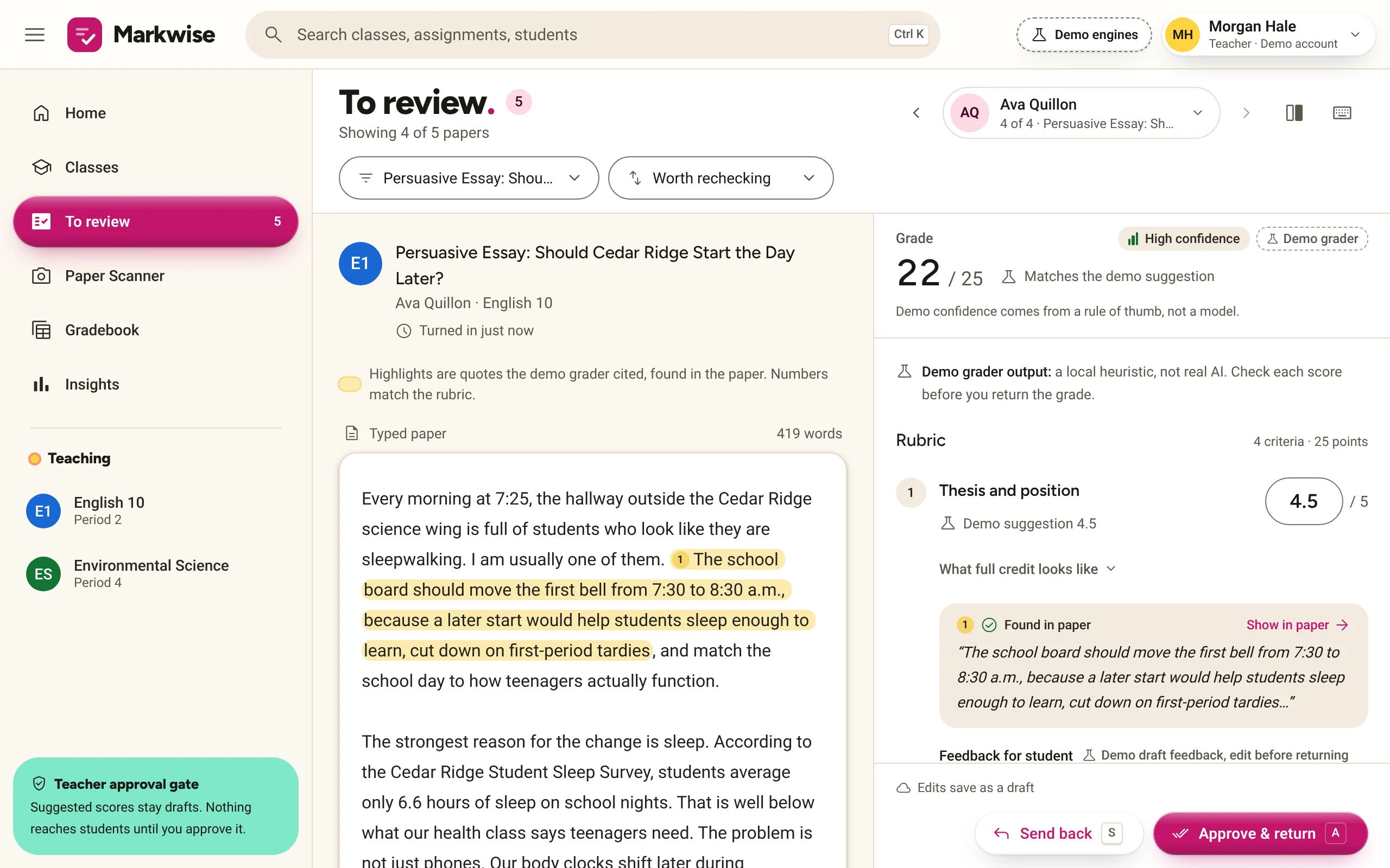 To review in Markwise: a student's persuasive essay with the quotes used as evidence highlighted, the suggested score, and the Send back and Approve & return buttons.