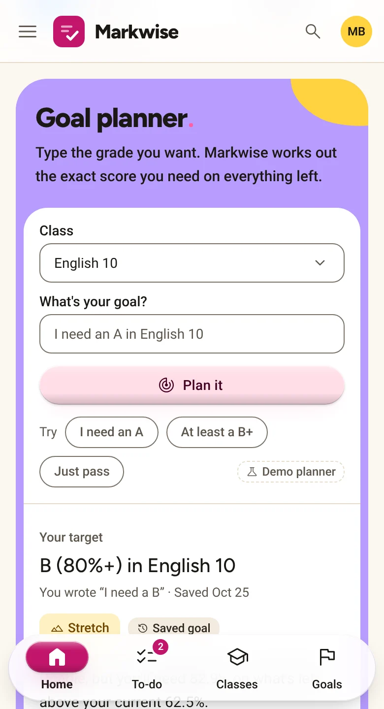 The goal planner on a phone: the student wrote “I need a B” and the planner shows the score needed on each remaining assignment.