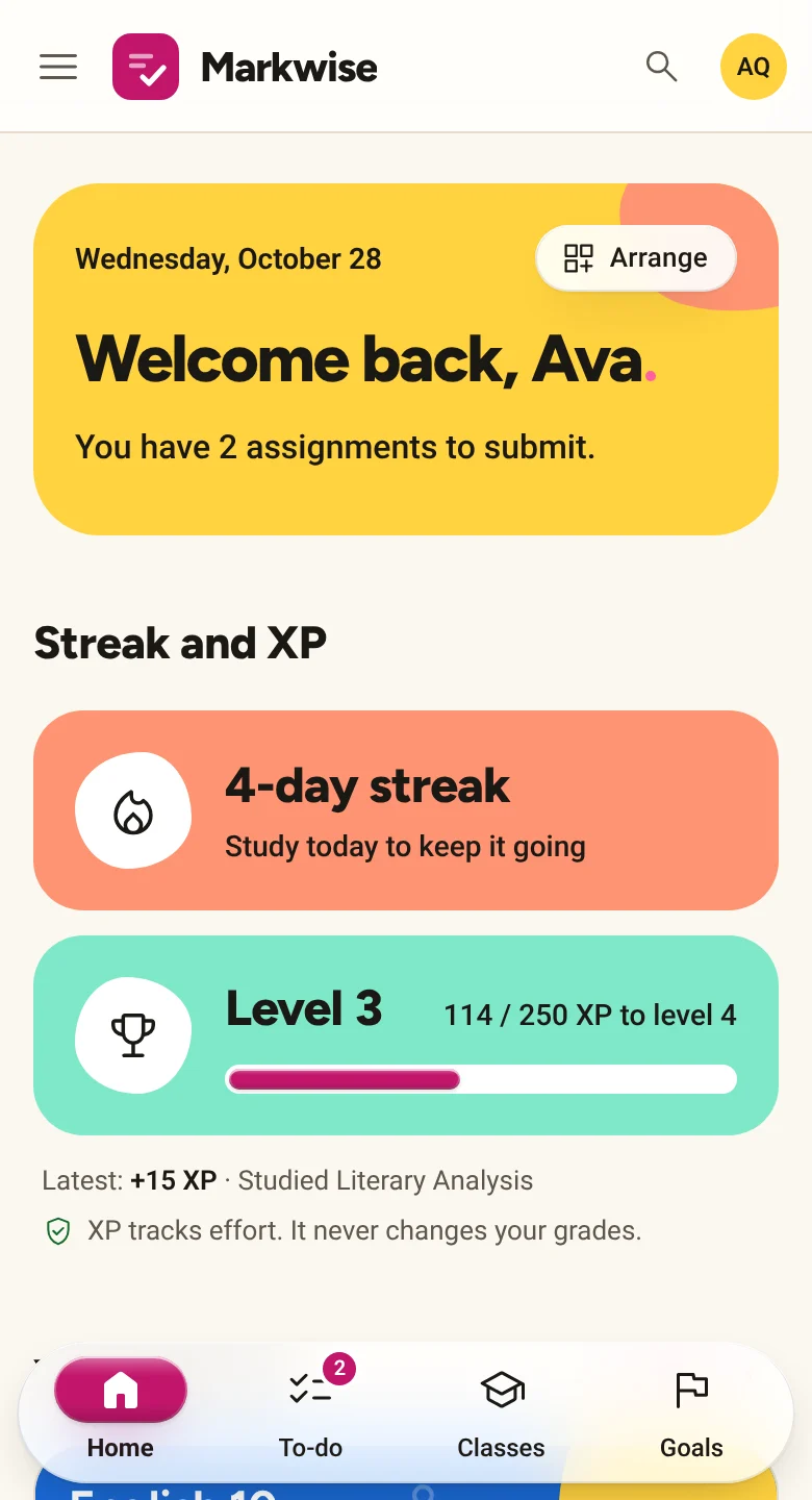 A student's home screen on a phone: a welcome line, a 4-day study streak, XP toward the next level, and their classes.