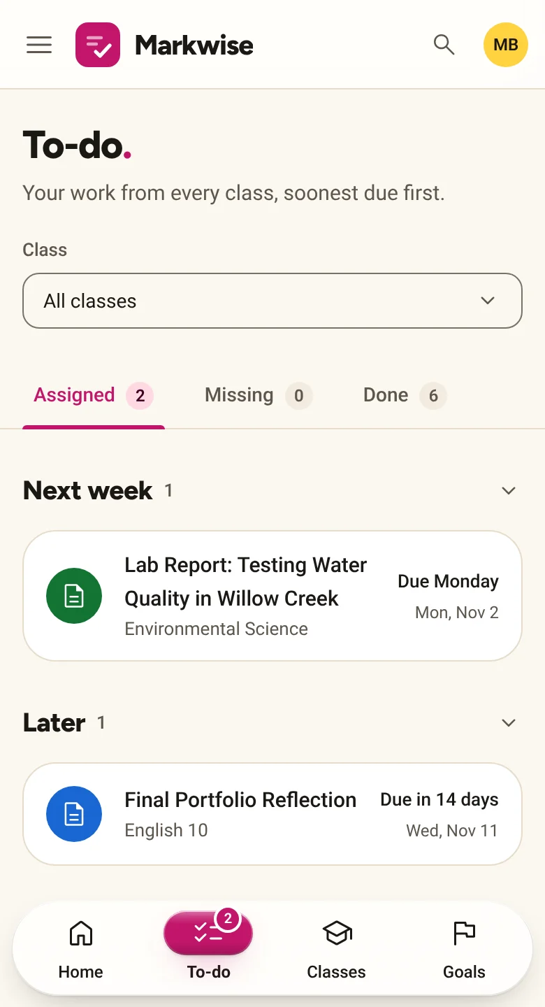 A student's To-do on a phone: Assigned, Missing and Done tabs, with a lab report due this week and a reflection due later.